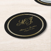 Elegante Black Gold Monogram Script Hochzeit Runder Pappuntersetzer (Angewinkelt)