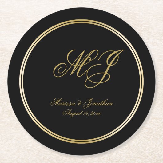 Elegante Black Gold Monogram Script Hochzeit Runder Pappuntersetzer (Vorderseite)