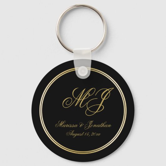 Elegante Black Gold Monogram Script Hochzeit Schlüsselanhänger (Vorderseite)