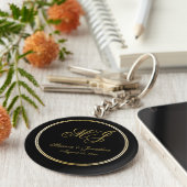 Elegante Black Gold Monogram Script Hochzeit Schlüsselanhänger (Seite)