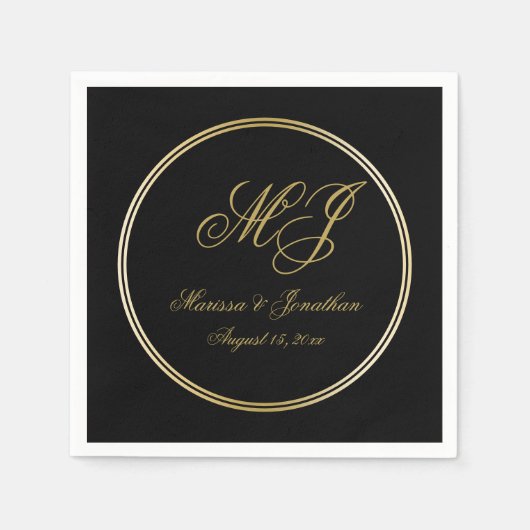 Elegante Black Gold Monogram Script Hochzeit Serviette (Vorderseite)