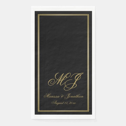 Elegante Black Gold Monogram Script Hochzeit Serviette (Vorderseite)
