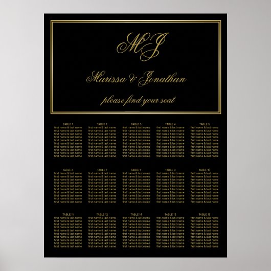 Elegante Black Gold Monogram Script Hochzeitssitze Poster (Vorne)
