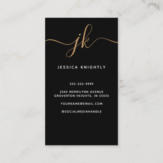 Elegante Black Gold Monogram Script Initials Visitenkarte (Rückseite)