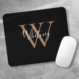 Elegante Black Gold Monogram Script Name Mouse Pad Mousepad