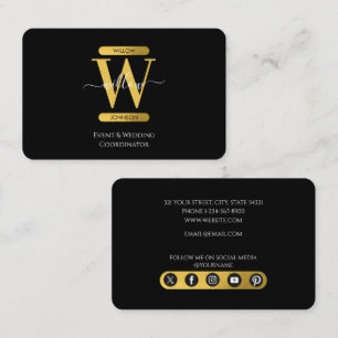 Elegante Black & Gold Monogram Social Media Icons Visitenkarte