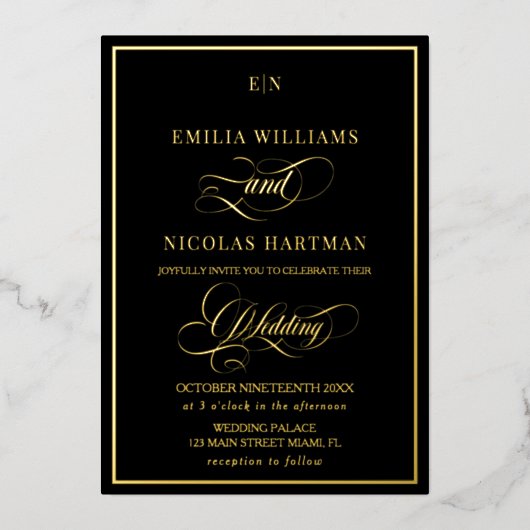 Elegante Black & Gold Monogram Wedding Folieneinladung (Vorderseite)