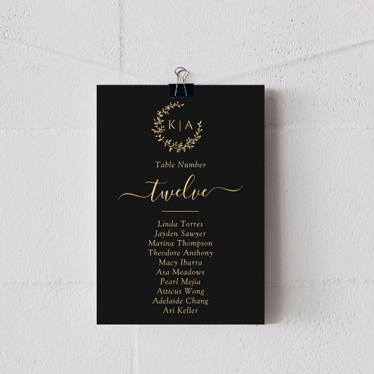 Elegante Black & Gold Monogram Wreath Wedding Card Einladung