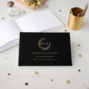 Elegante Black & Gold Monogram Wreath Wedding Gästebuch