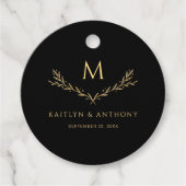 Elegante Black & Gold Monogram Wreath Wedding Geschenkanhänger (Vorderseite)