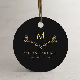 Elegante Black & Gold Monogram Wreath Wedding Geschenkanhänger