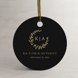Elegante Black & Gold Monogram Wreath Wedding Geschenkanhänger