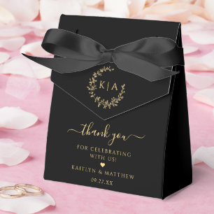 Elegante Black & Gold Monogram Wreath Wedding Geschenkschachtel