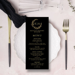 Elegante Black & Gold Monogram Wreath Wedding Menükarte