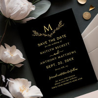 Elegante Black & Gold Monogram Wreath Wedding