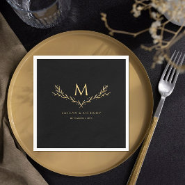 Elegante Black & Gold Monogram Wreath Wedding Serviette
