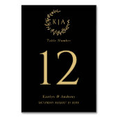 Elegante Black & Gold Monogram Wreath Wedding Tischnummer (Rückseite)