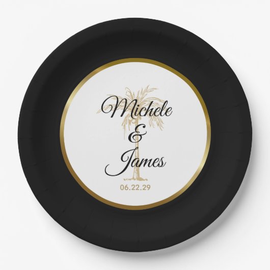 Elegante Black Gold Palm Tree Moderne Hochzeit Pappteller (Vorderseite)