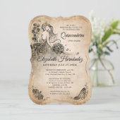 Elegante Black Gold Princess Quinceanera Geburtsta Einladung (Stehend Vorderseite)