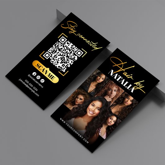 Elegante Black Gold Qr Code & Foto Haarstylistin Visitenkarte