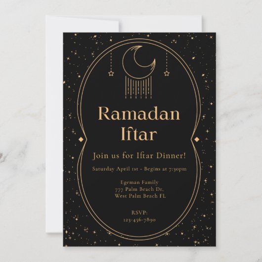 Elegante Black & Gold Ramadan Iftar Einladung (Vorderseite)
