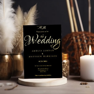 Elegante Black Gold Romantic Calligraphy Wedding Folieneinladung