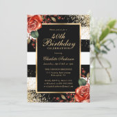 Elegante Black Gold Rote Rosen 40. Geburtstag Einladung (Stehend Vorderseite)