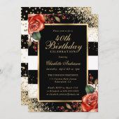 Elegante Black Gold Rote Rosen 40. Geburtstag Einladung (Vorne/Hinten)