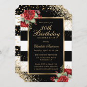 Elegante Black Gold Rote Rosen Floral 30. Geburtst Einladung (Vorne/Hinten)