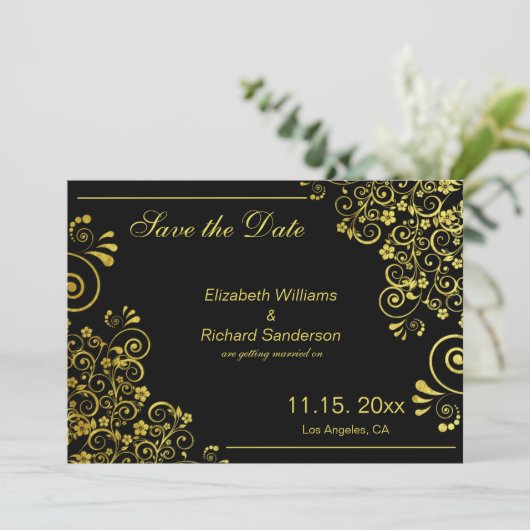 Elegante Black Gold Save the Date Hochzeit (Stehend Vorderseite)
