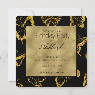 Elegante Black Gold Schmetterlinge zum Geburtstag Einladung
