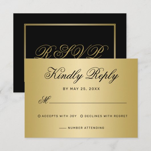 Elegante Black Gold Script Calligraphy Wedding RSVP Karte (Vorne/Hinten)