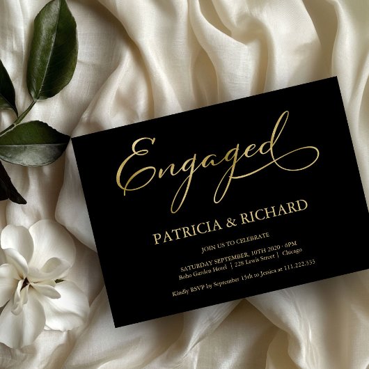 Elegante Black-Gold-Script-Engagement-Partei Einladung