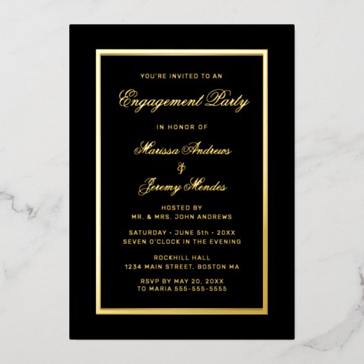 Elegante Black-Gold-Script-Engagement-Partei Folieneinladung (Vorderseite)