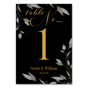 Elegante Black-Gold-Script-Eucalyptus-Blätter Tischnummer