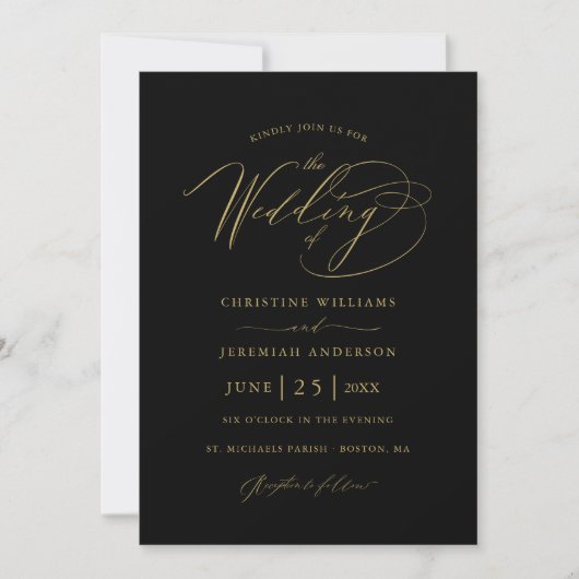 Elegante Black Gold Script Minimalistisch Wedding Einladung (Vorderseite)