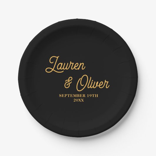 Elegante Black Gold Script Minimalistisch Wedding Pappteller (Vorderseite)