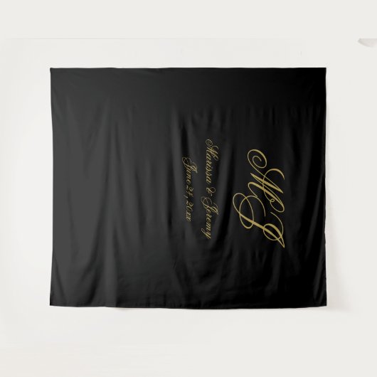 Elegante Black-Gold-Script Monogram-Hochzeit Wandteppich (Vorderseite (Horizontal))