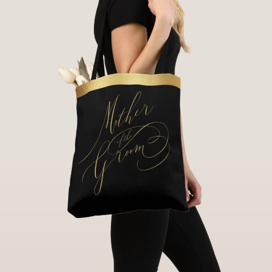 Elegante Black Gold Script Mutter der Groom Tasche (Von Nahem)