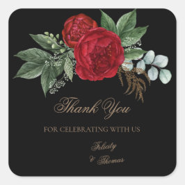 Elegante Black & Gold Script Red Floral Vielen Dan Quadratischer Aufkleber