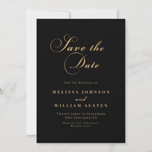 Elegante Black Gold Script Wedding Save The Date (Vorderseite)