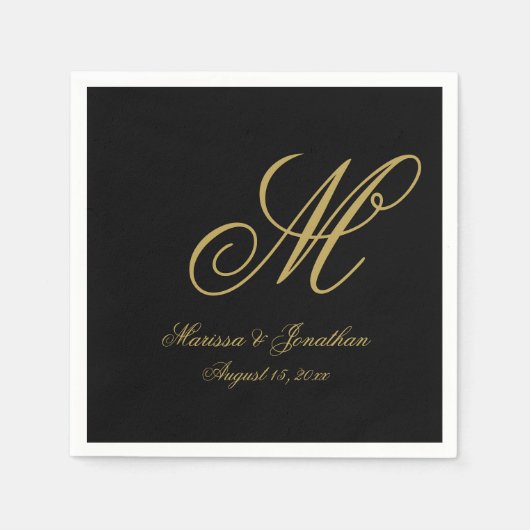 Elegante Black Gold Single Monogram Wedding Serviette (Vorderseite)