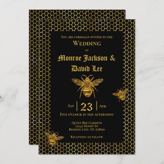 Elegante Black Gold Sparkling Bee Beehive Wedding Einladung (Vorne/Hinten)