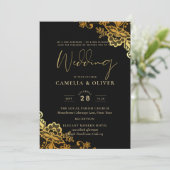 Elegante Black Gold Spitzen Moderne Hochzeit Einladung (Stehend Vorderseite)