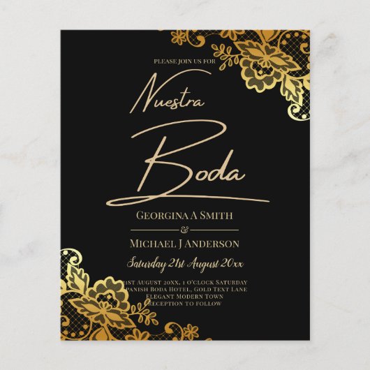 Elegante Black Gold Spitzen Moderne Hochzeit Flyer (Vorne)
