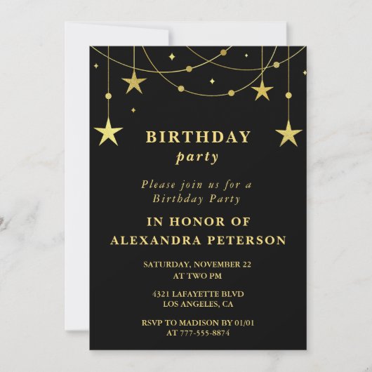 Elegante Black Gold Stars 76. Geburtstag Einladung (Vorderseite)