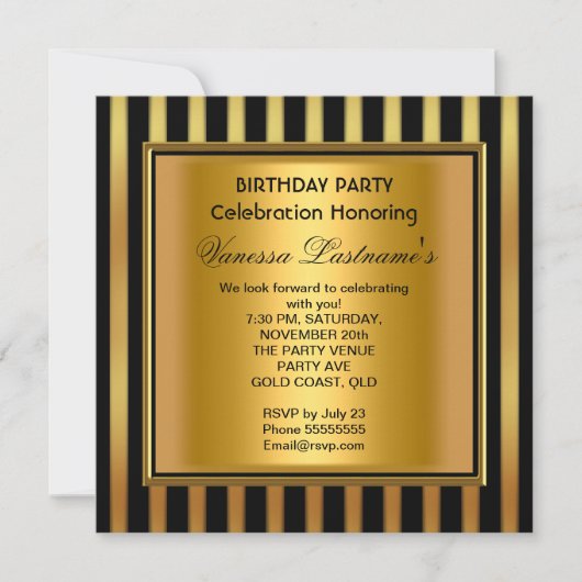 Elegante Black Gold Stripe Geburtstagsparty Einladung (Vorderseite)