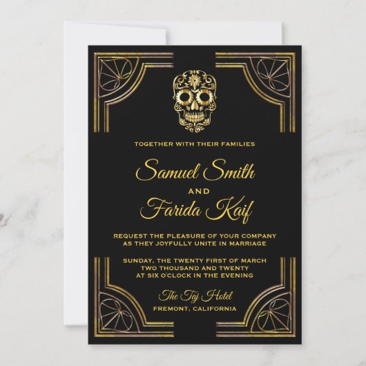 Elegante Black Gold Sugar Skull Einladung Hochzeit (Vorderseite)