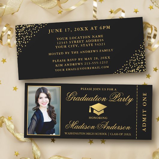 Elegante Black Gold Ticket Foto Graduation Party Einladung