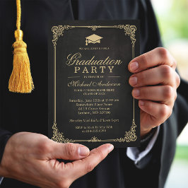 Elegante Black Gold Vintag Frame Graduation Party Einladung